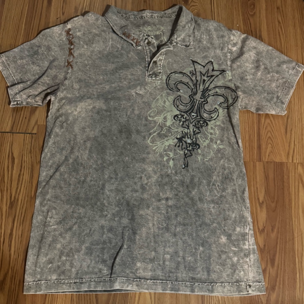 Oceanic Men's Acid Wash Gray Graphic Polo Shirt Size XXL Studded Brown Cross Y2k